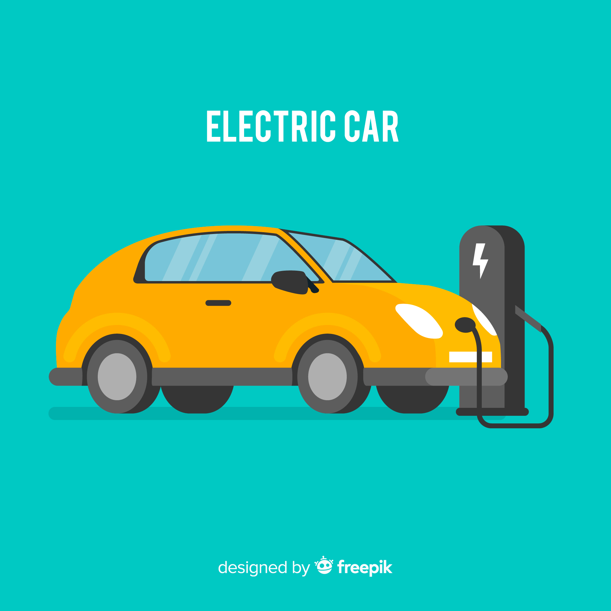 Yellow electric car symbol painted on dark asphalt, the car is facing left smart technology